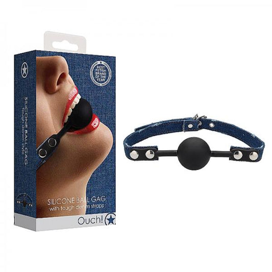 Ouch! Silicone Ball Gag - With Roughened Denim Straps - Blue